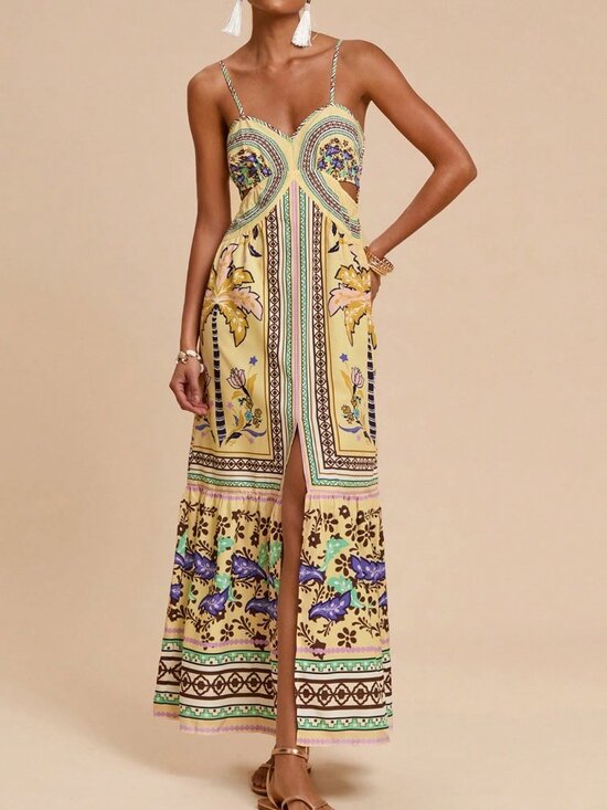 Multicolor Boho Women's Halter Dress with Cutout Waistband and Side Slits - Picture 4 of 7